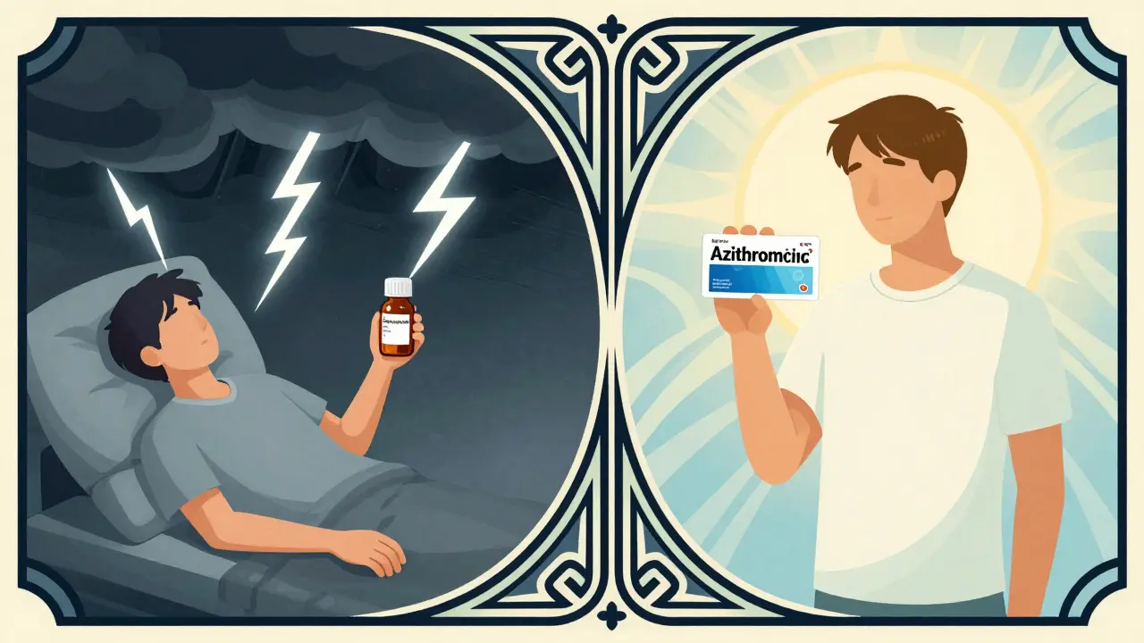 Art Deco comparison showing dangerous Clarithromycin side effects versus safe Azithromycin.