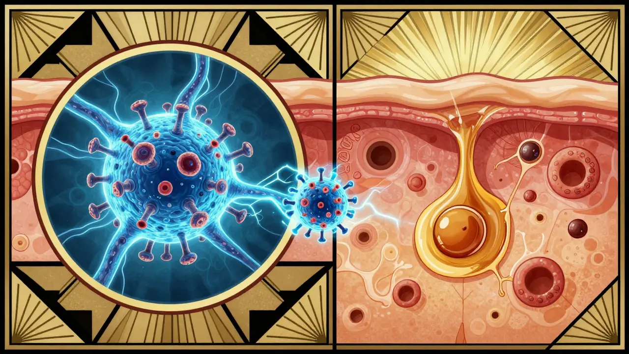 Art Deco graphic comparing viral nerve pathway to clogged pore