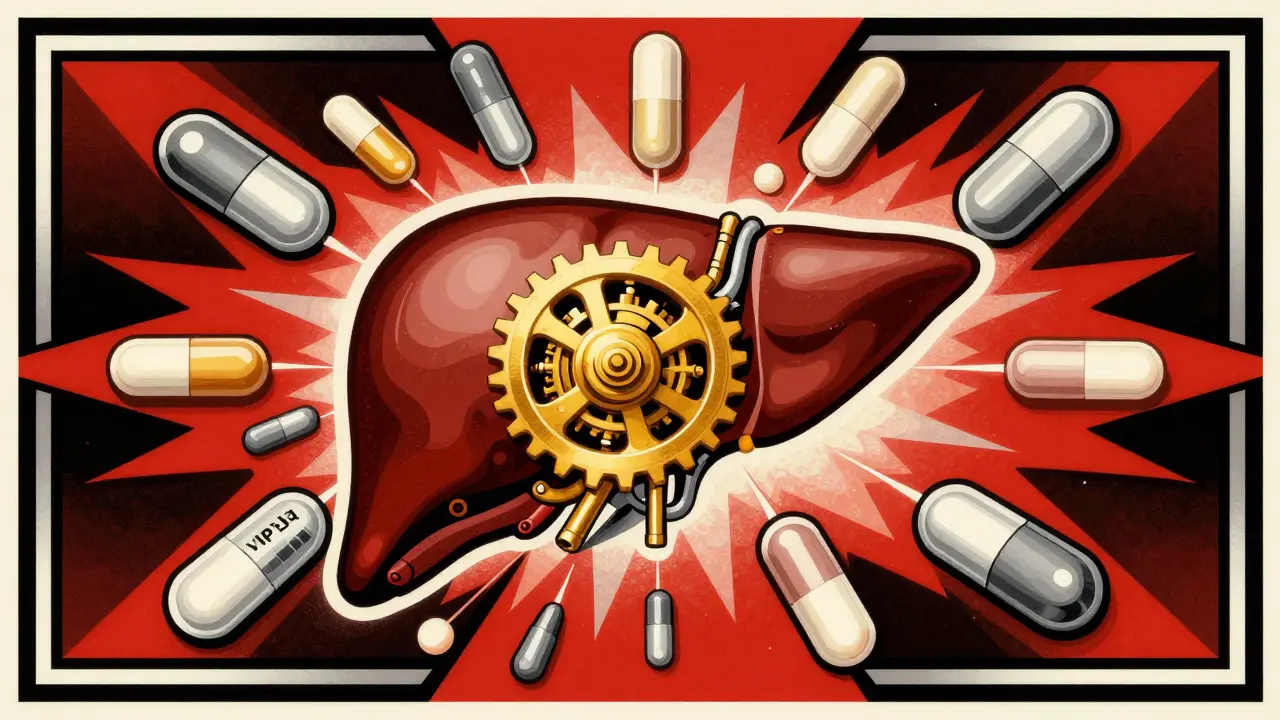 Art Deco graphic showing liver enzymes and drug interaction risks with geometric shapes.