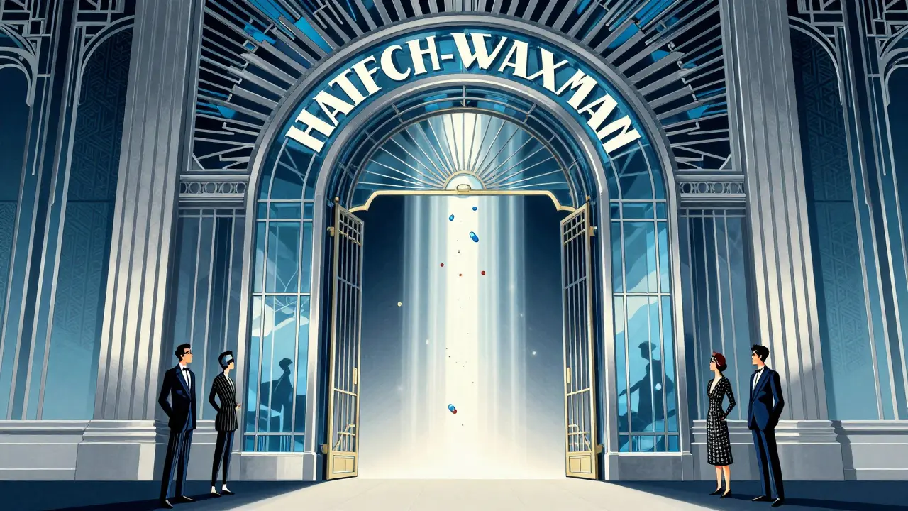 Art Deco graphic showing the Hatch-Waxman Act as a gateway for generic drug approvals.