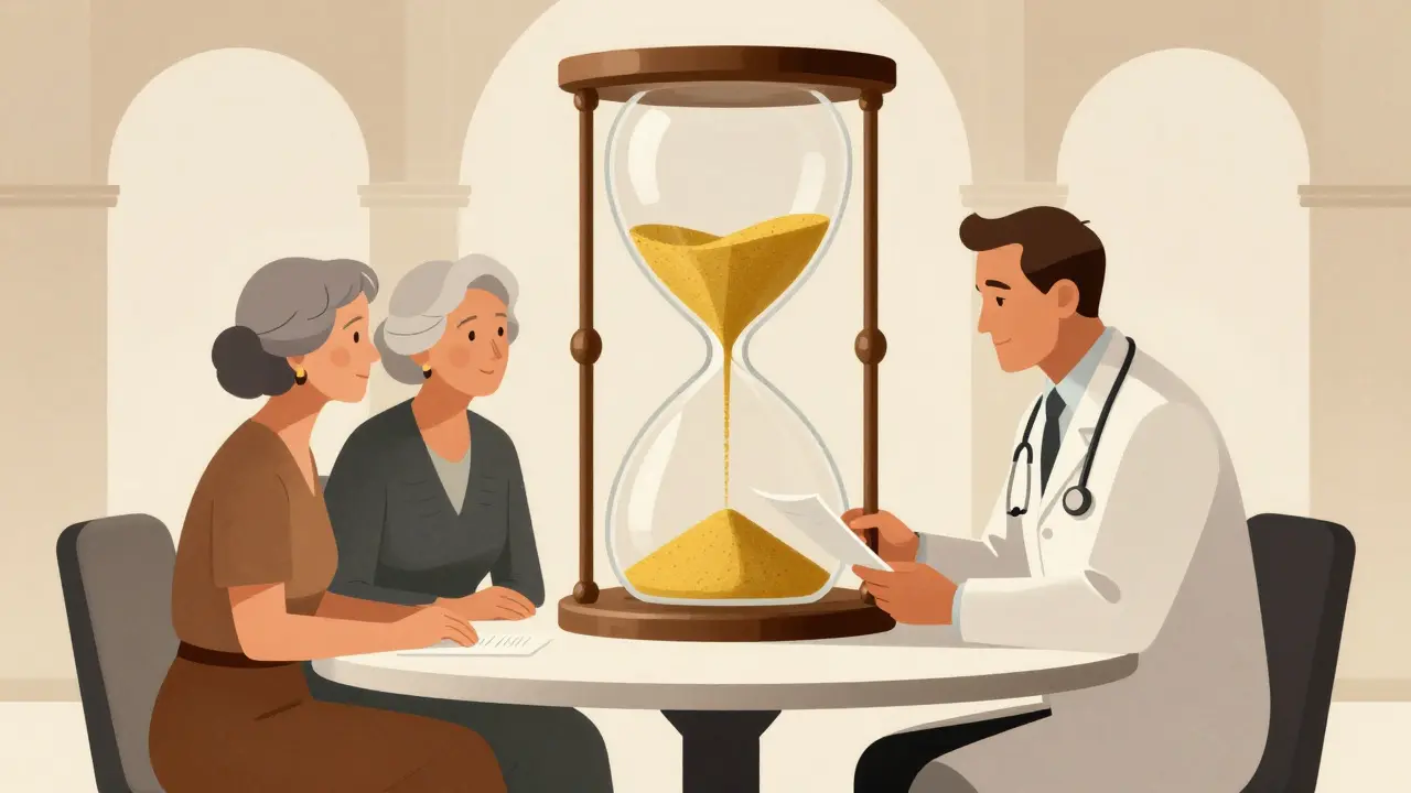 Art Deco illustration of a doctor discussing medication cessation with an elderly couple.