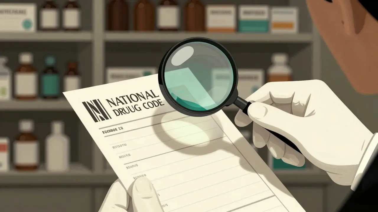 Art Deco illustration of a pharmacist verifying a prescription with a magnifying glass
