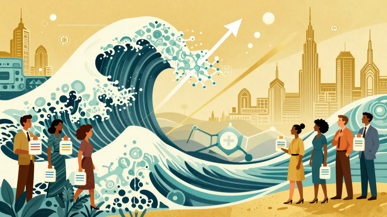 Art Deco image depicting future healthcare savings benefiting diverse patients.