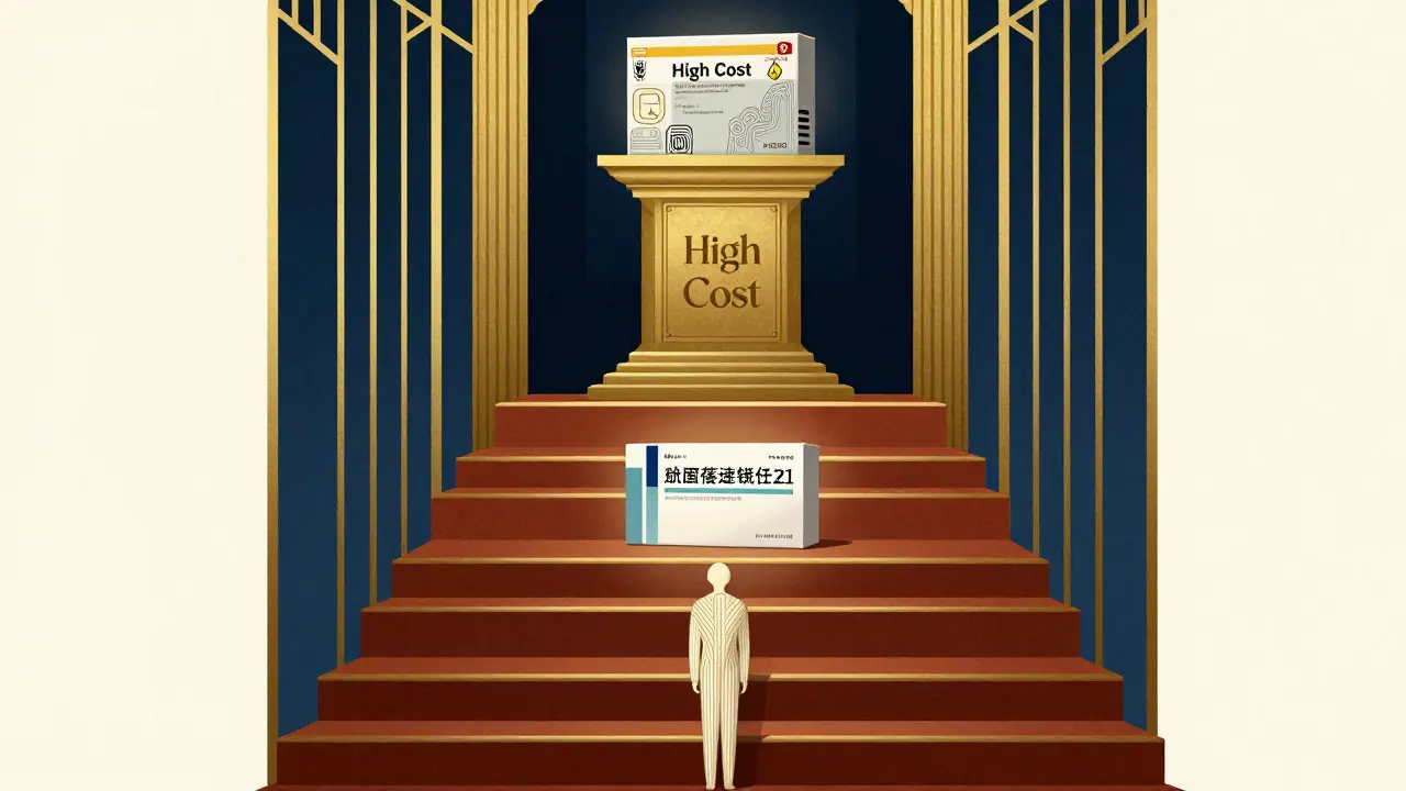 Art Deco style image showing insurance formulary tiers as an architectural staircase