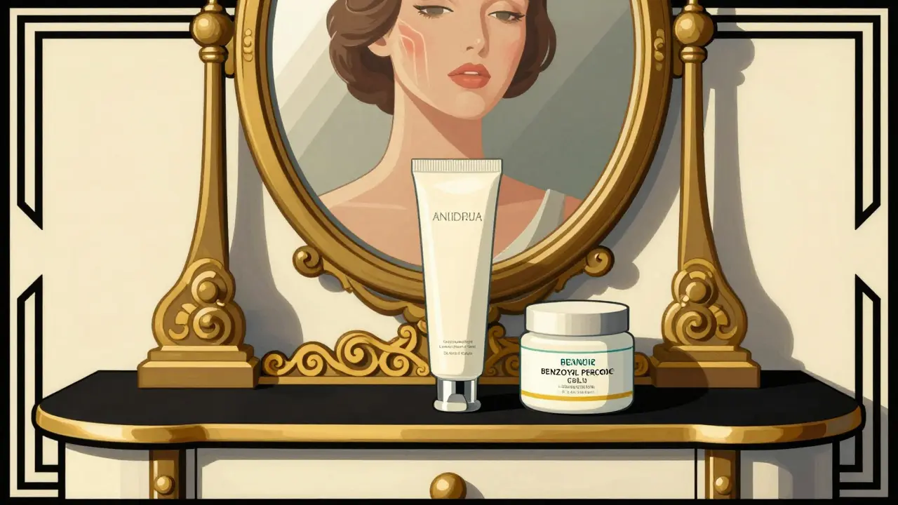 Art Deco vanity scene with antiviral cream and acne treatment