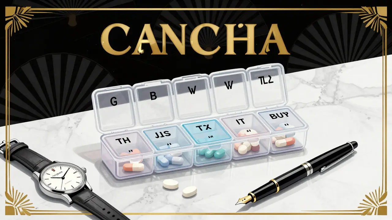 Elegant Art Deco scene featuring a pill organizer, watch, and pen for treatment adherence.