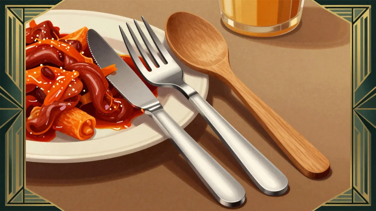 Plastic utensils and marinated food on Art Deco table