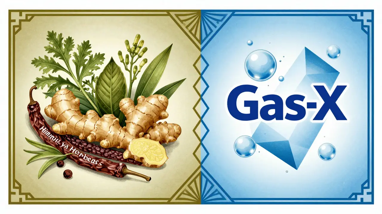 Stylized comparison of natural herbal remedy versus synthetic medicine in Art Deco style.
