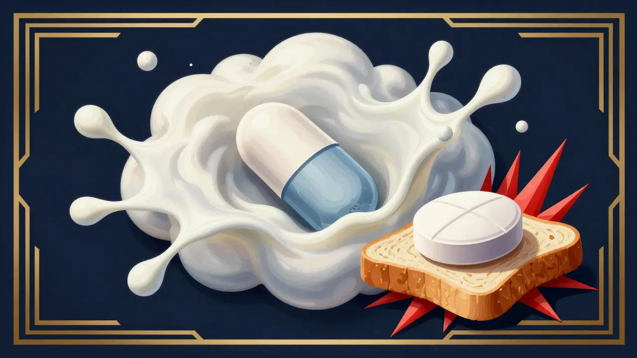 Stylized graphic depicting dairy blocking antibiotics and food protecting stomach from painkillers.