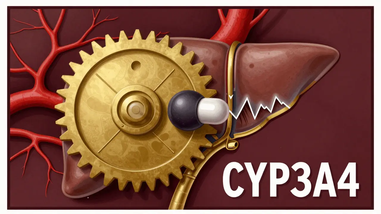 Stylized liver enzyme blocked by inhibitor, causing swollen blood vessels in Art Deco style.