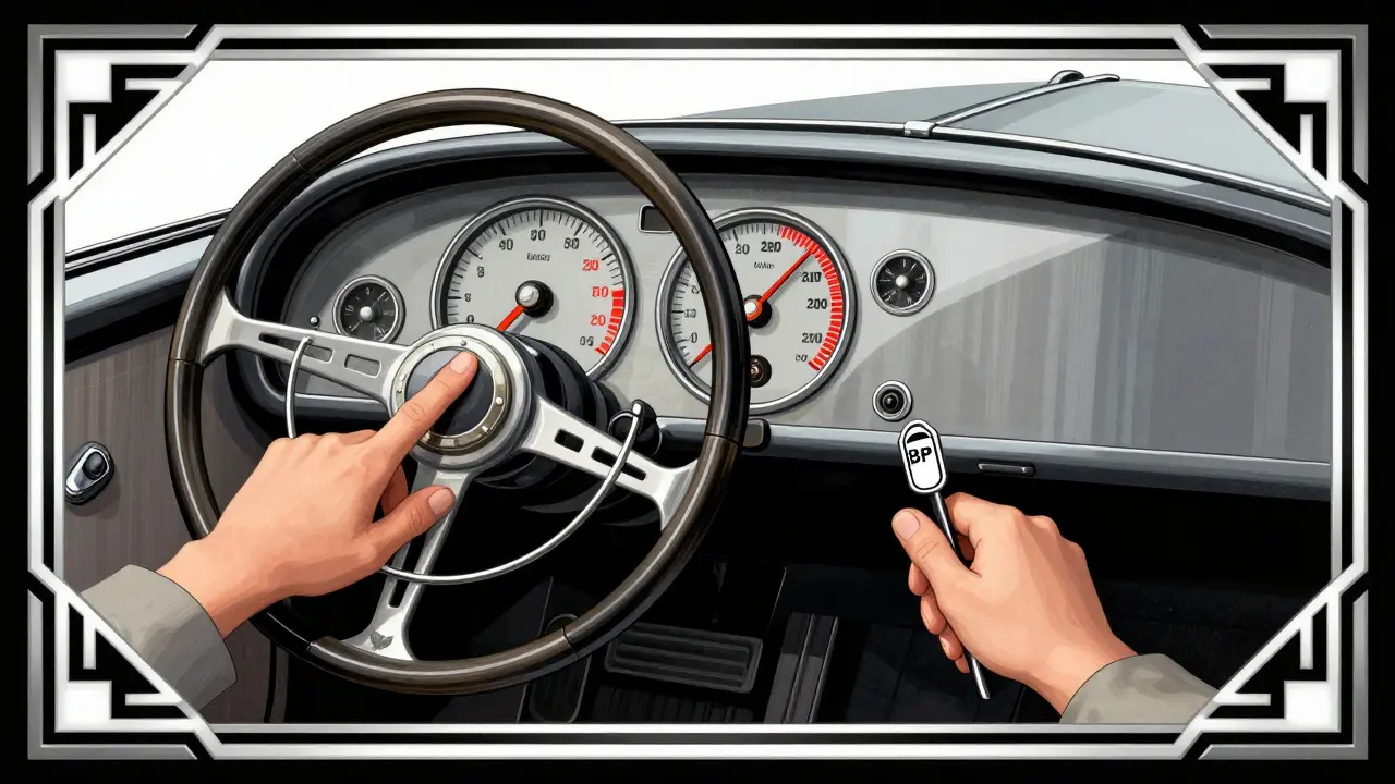 Vintage car dashboard showing gas and brake conflict