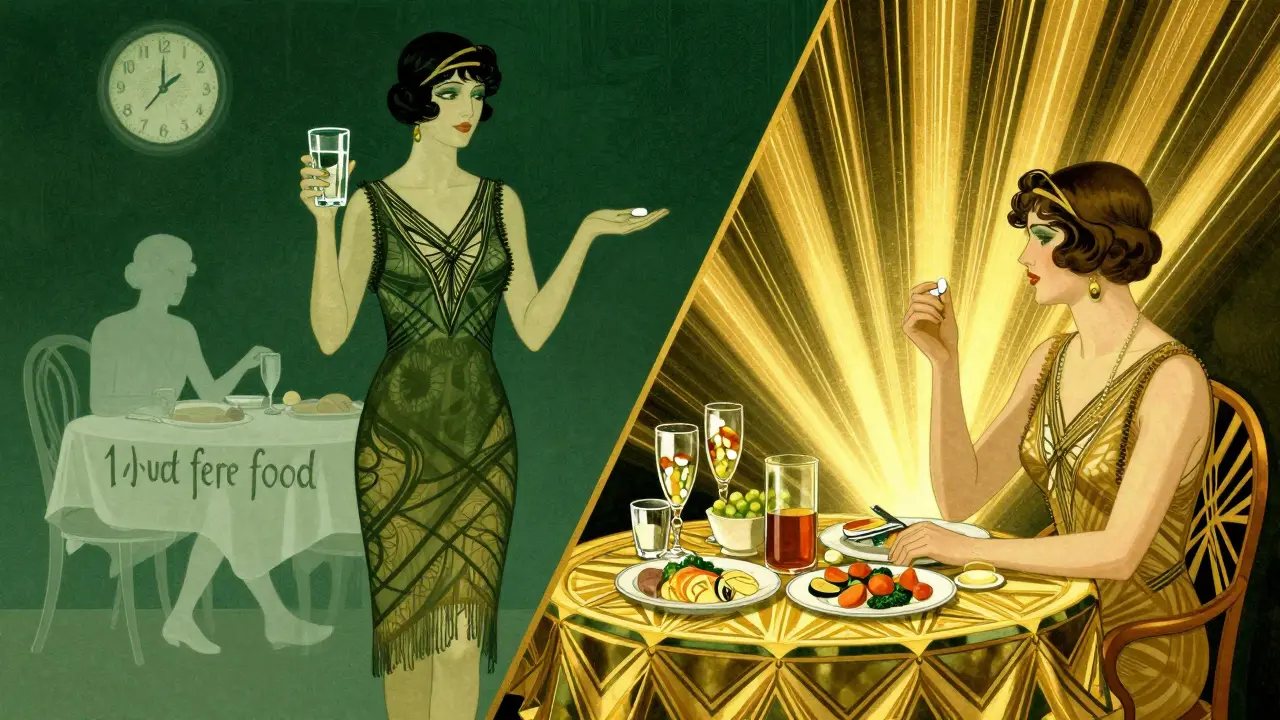 Vintage style art contrasting taking thyroid meds on empty stomach versus antifungals with a fatty meal.