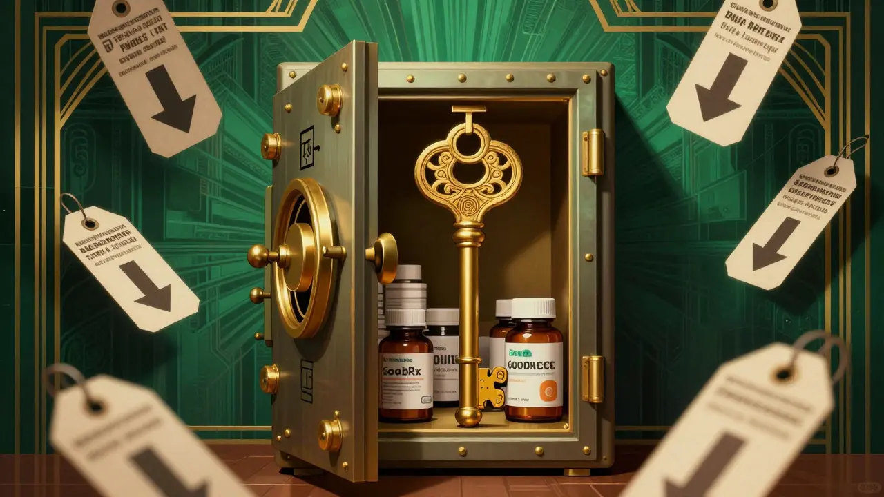 Art Deco art showing golden key unlocking vault with discounted pills