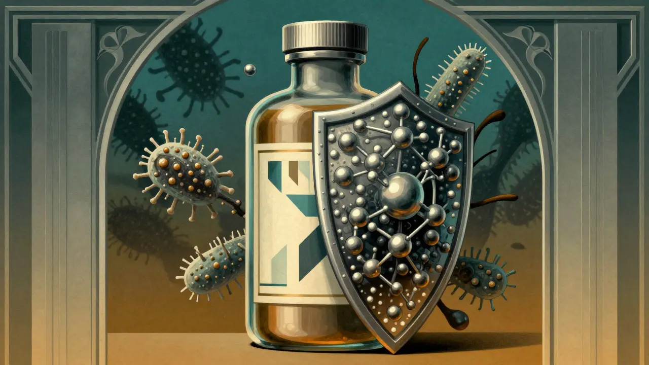 Art Deco art showing minerals blocking bacteria from absorbing antibiotics.