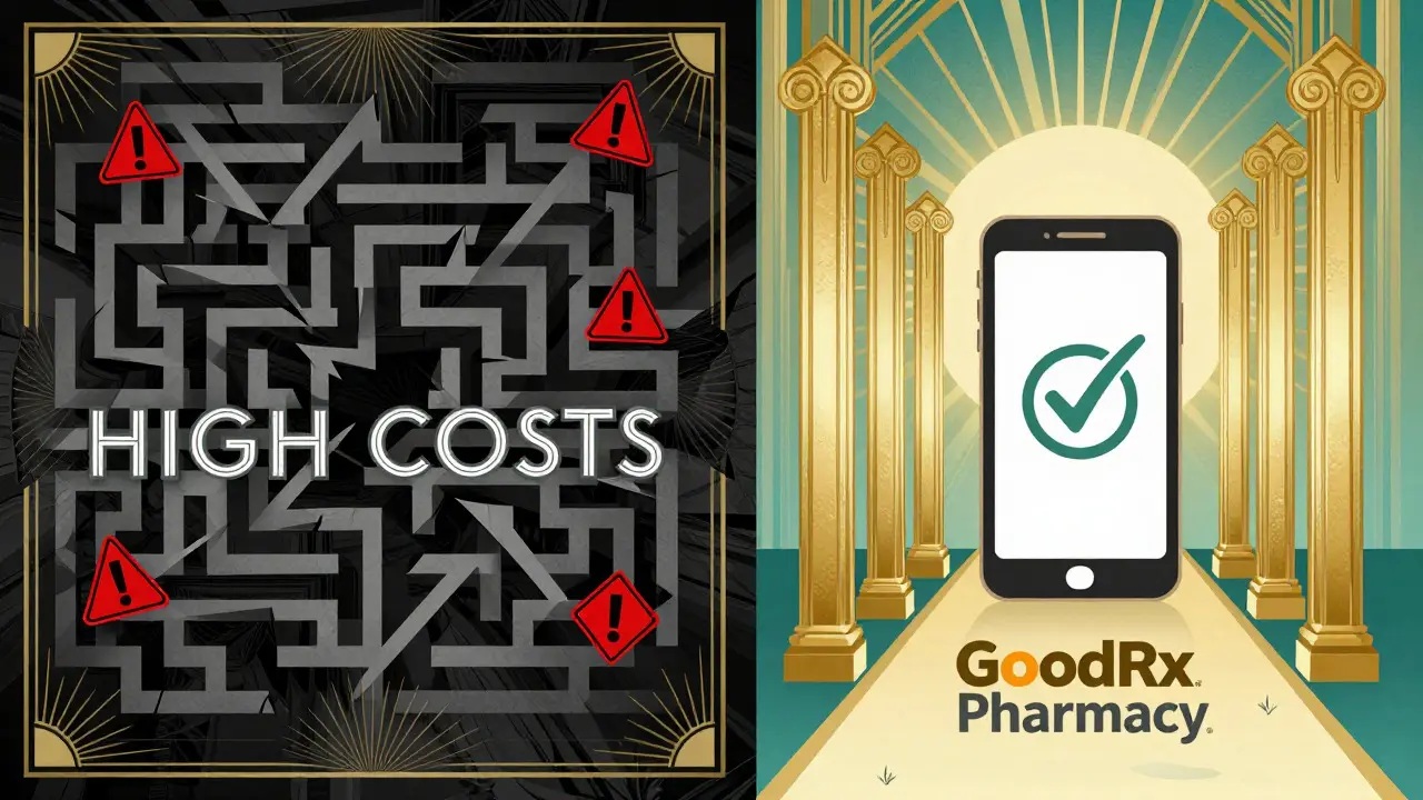 Art Deco graphic contrasting confusing high costs with clear online pharmacy options
