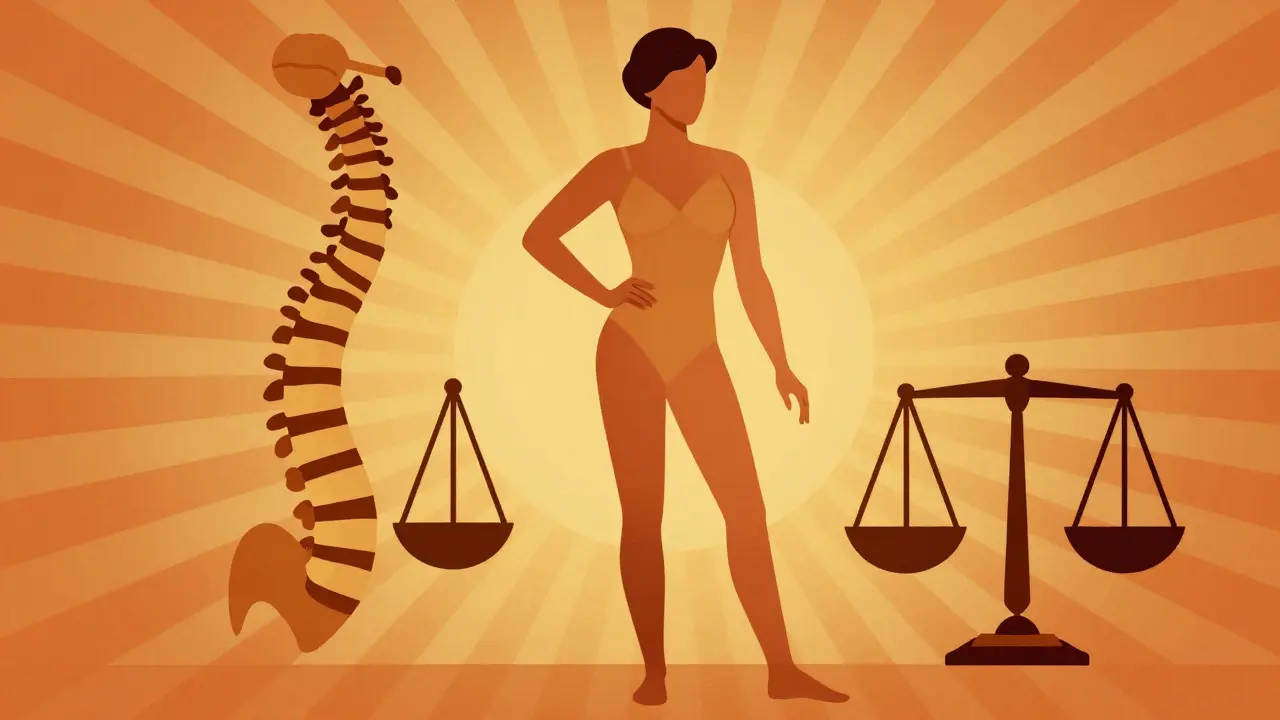 Art Deco graphic showing confident posture and health symbols
