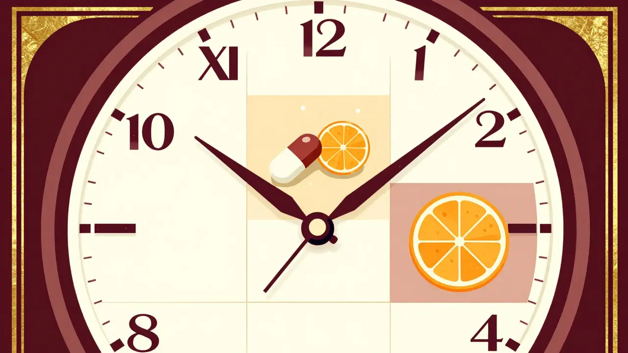 Art Deco illustration of a clock showing timed schedules for taking supplements.