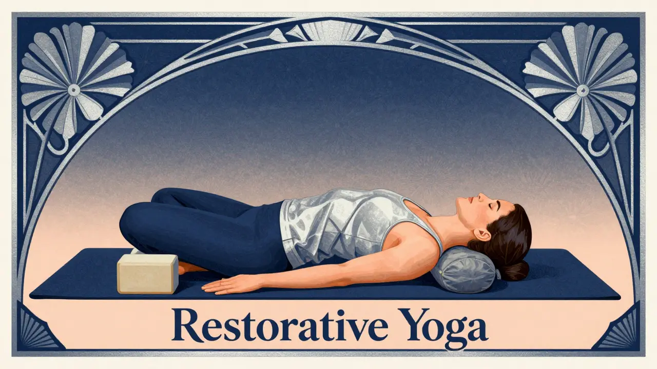 Art Deco illustration of someone doing restorative yoga with props
