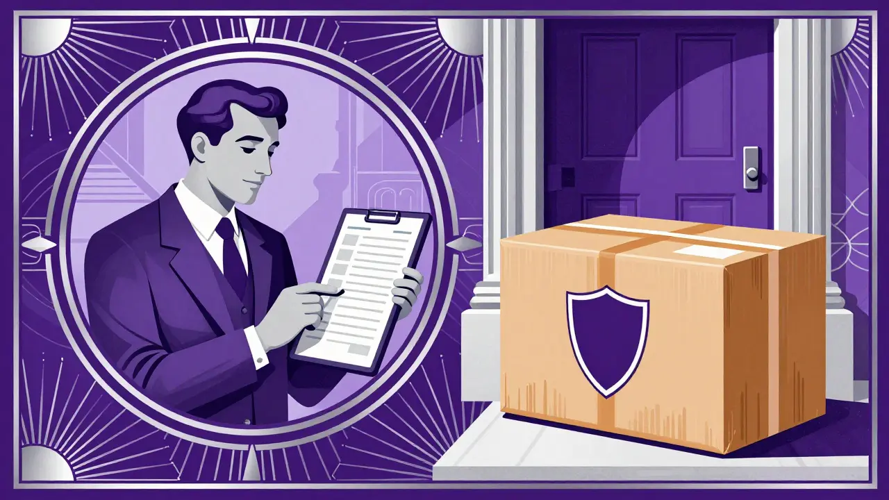 Art Deco illustration of telemedicine doctor and secure medicine delivery