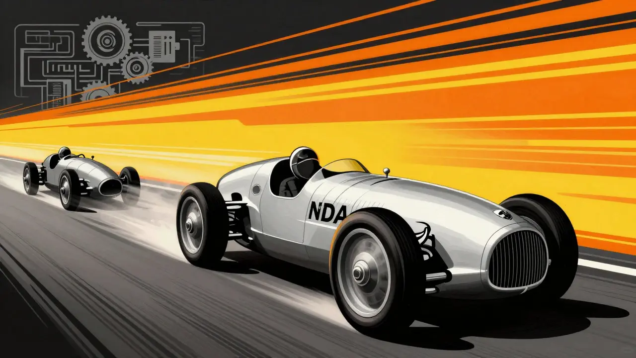 Art Deco race car speeding past bureaucratic obstacles, representing fast authorized generic launch.