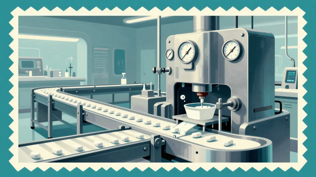 Art Deco style lab scene showing precise pill manufacturing