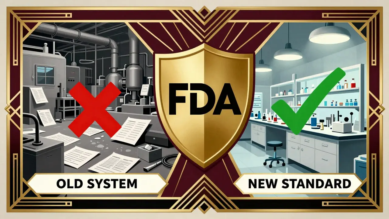 Comparative Art Deco graphic showing improved safety standards in pharmaceutical facilities