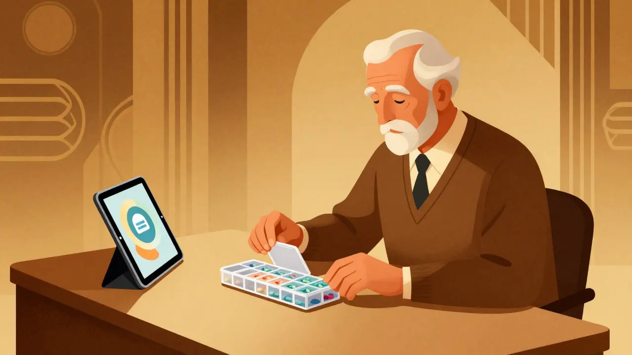 Elderly person organizing pills with calm demeanor