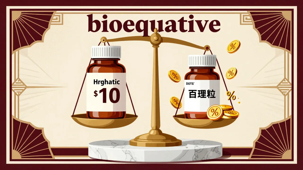 Generic pills and gold coins on pedestal showing savings