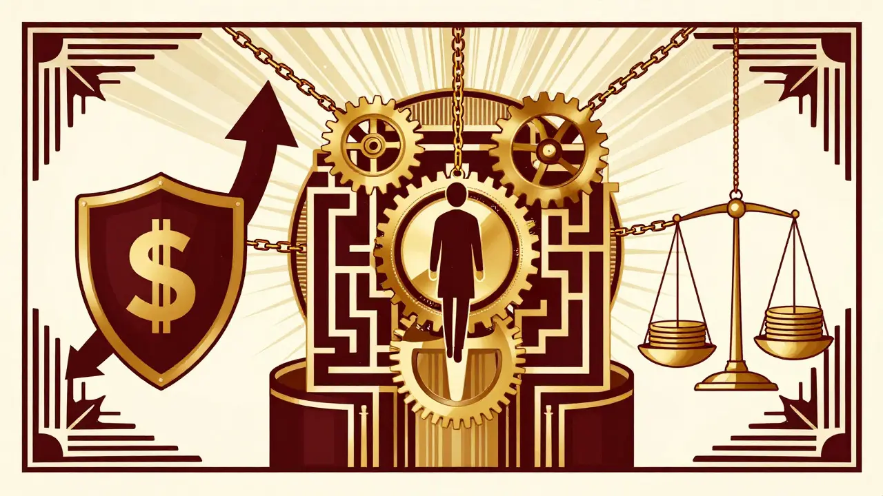 Patient trapped in a maze of golden gears and scales representing complex insurance costs.