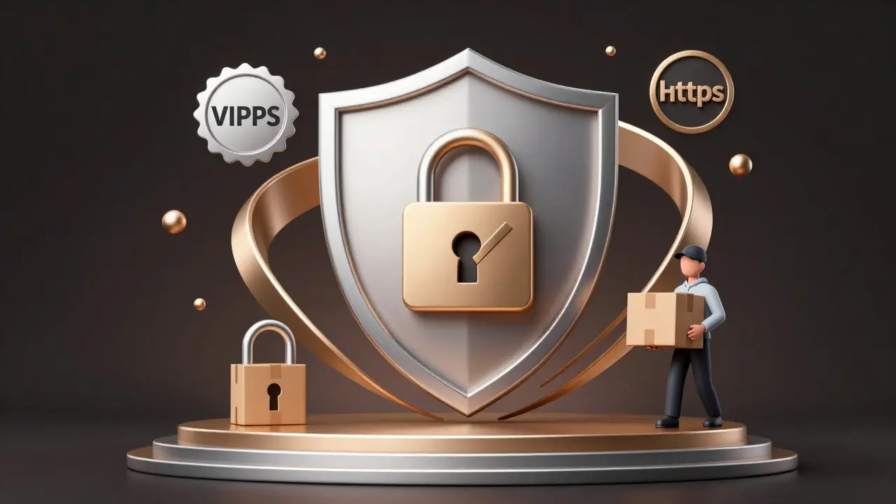 Shield with padlock and delivery package symbolizing safety