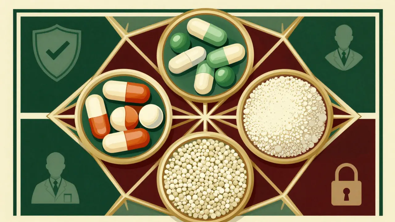 Stylized Art Deco display of pill forms surrounded by safety and verification icons