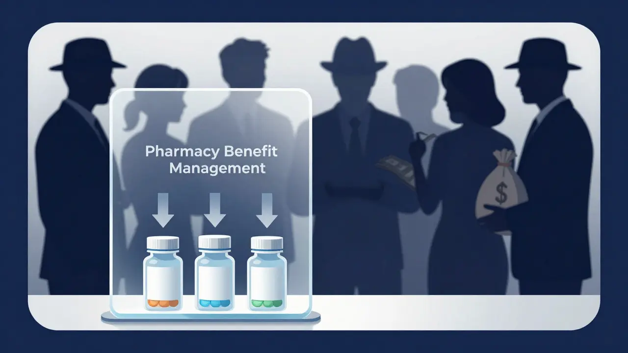 Transparent pharmacy window contrasting with shadowy figures of middlemen in Art Deco style.