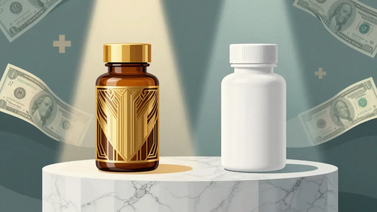 Two identical Art Deco pill bottles, one luxury gold and one plain white, symbolizing market segmentation.