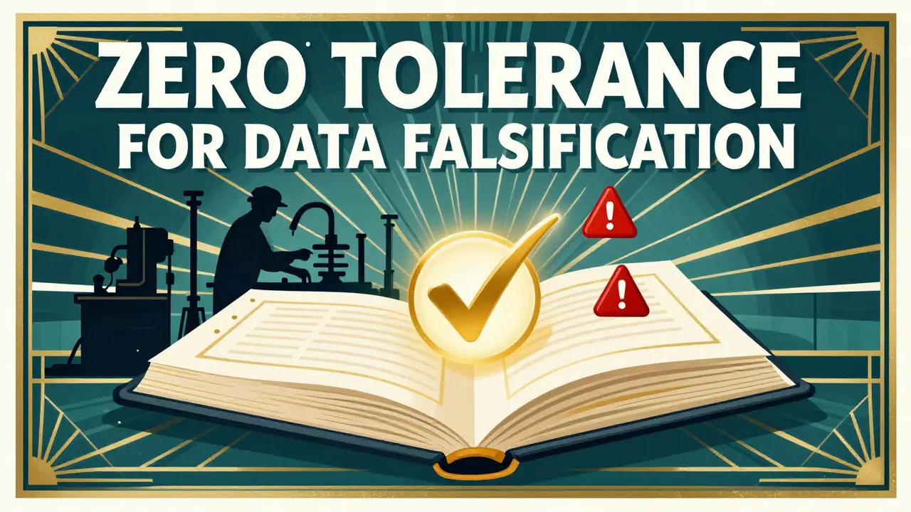 Vintage Art Deco poster emphasizing data integrity with ledgers and factory silhouettes