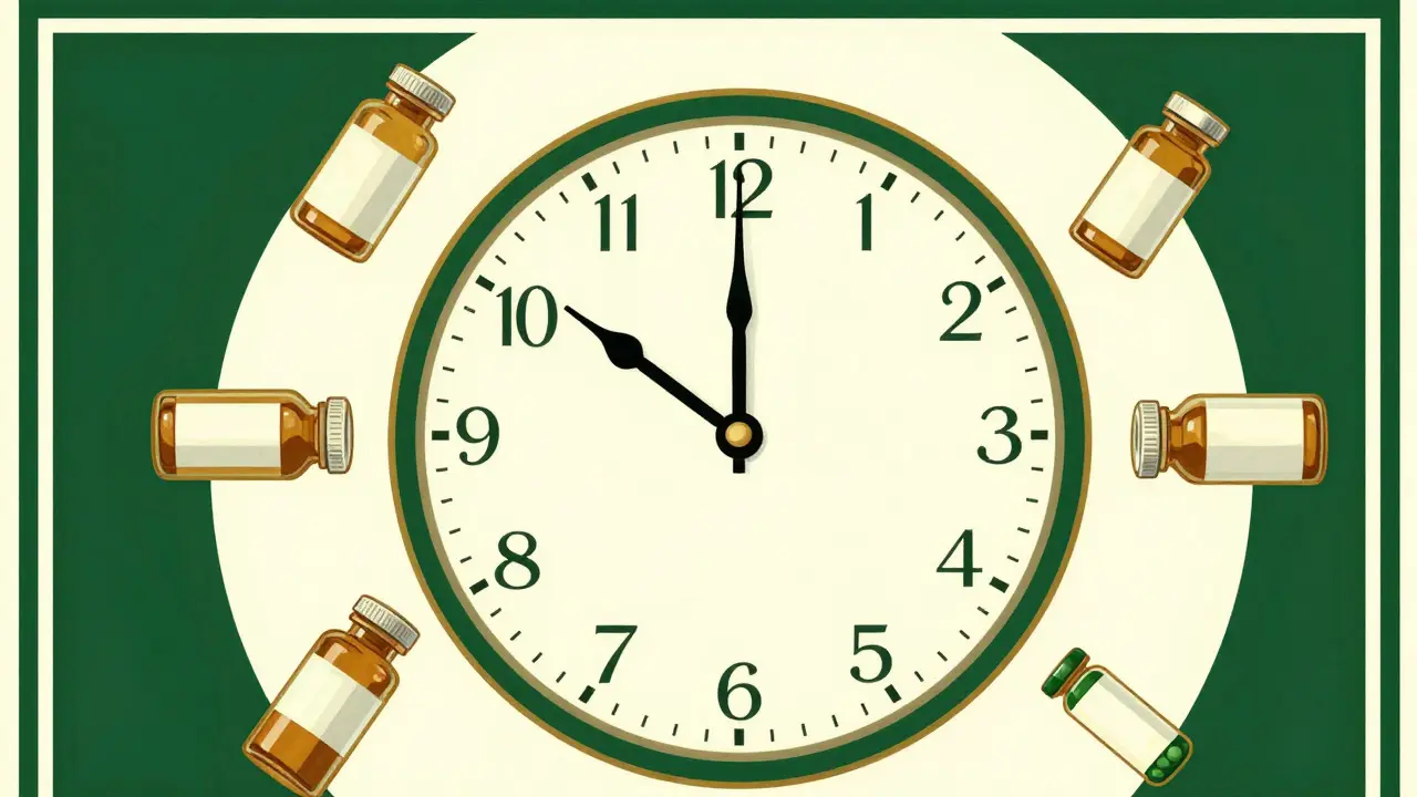 Vintage clock and separated medicine bottles