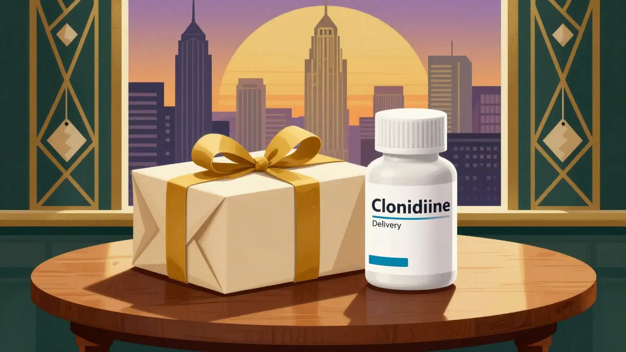 A delivered medicine package and pill bottle on a table in Art Deco style