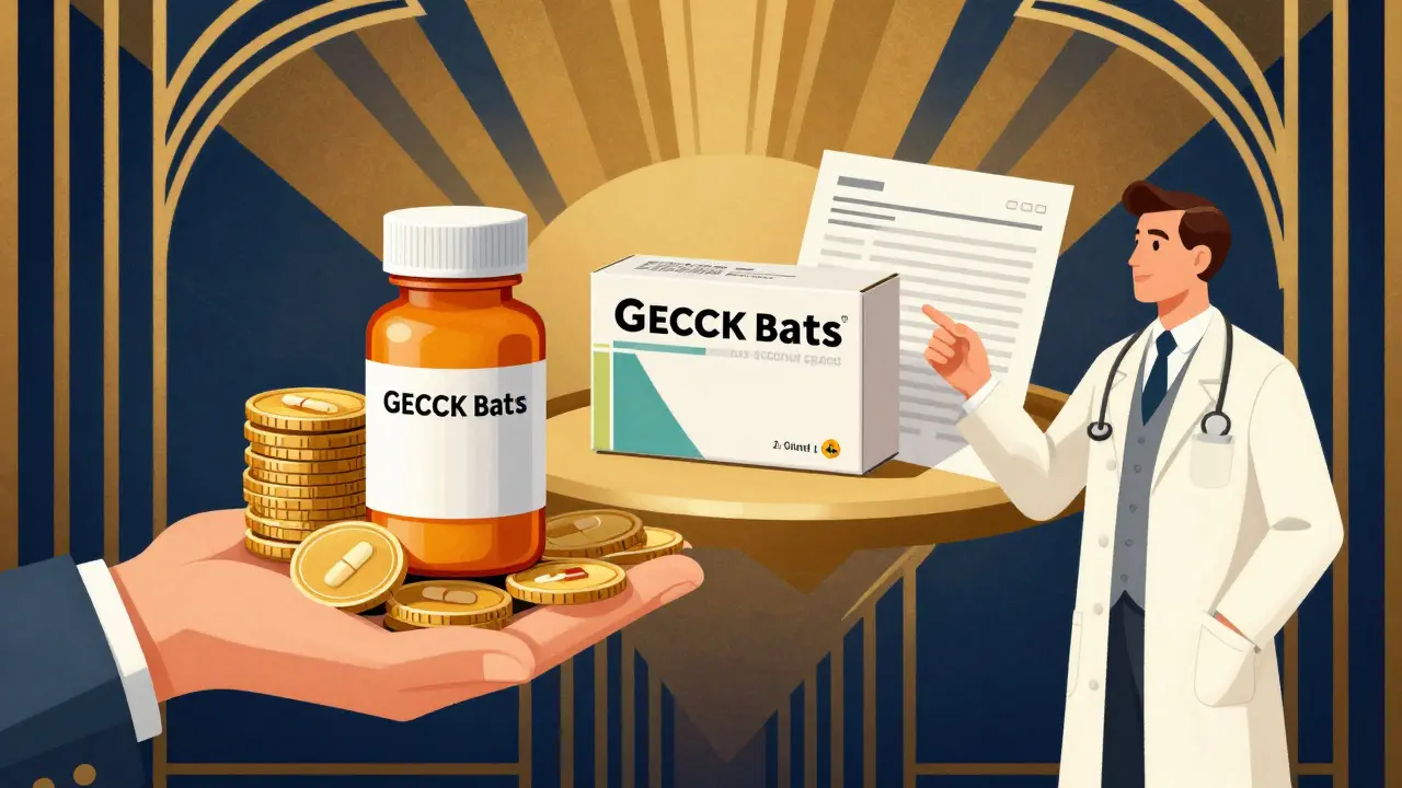 Art Deco art depicting cost balance between generic and brand name medications