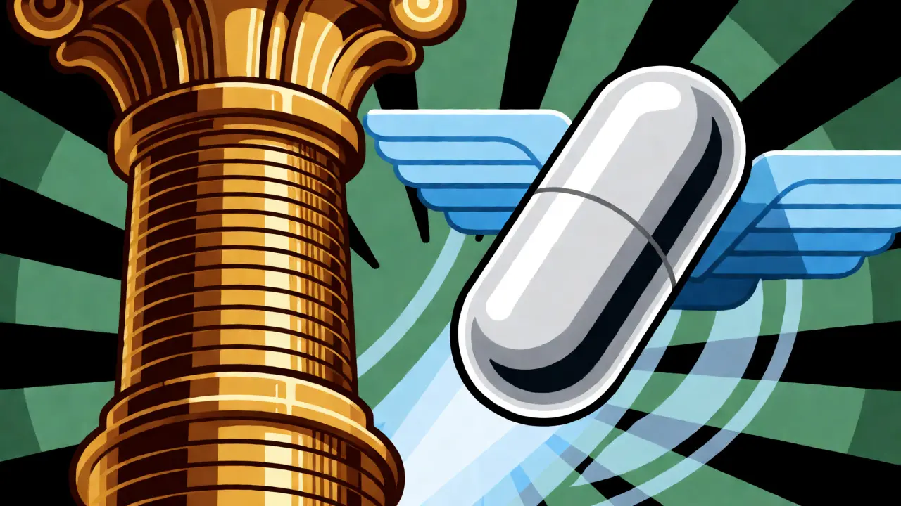 Art Deco comparison of an expensive gold coin tower versus a streamlined silver antibiotic capsule.