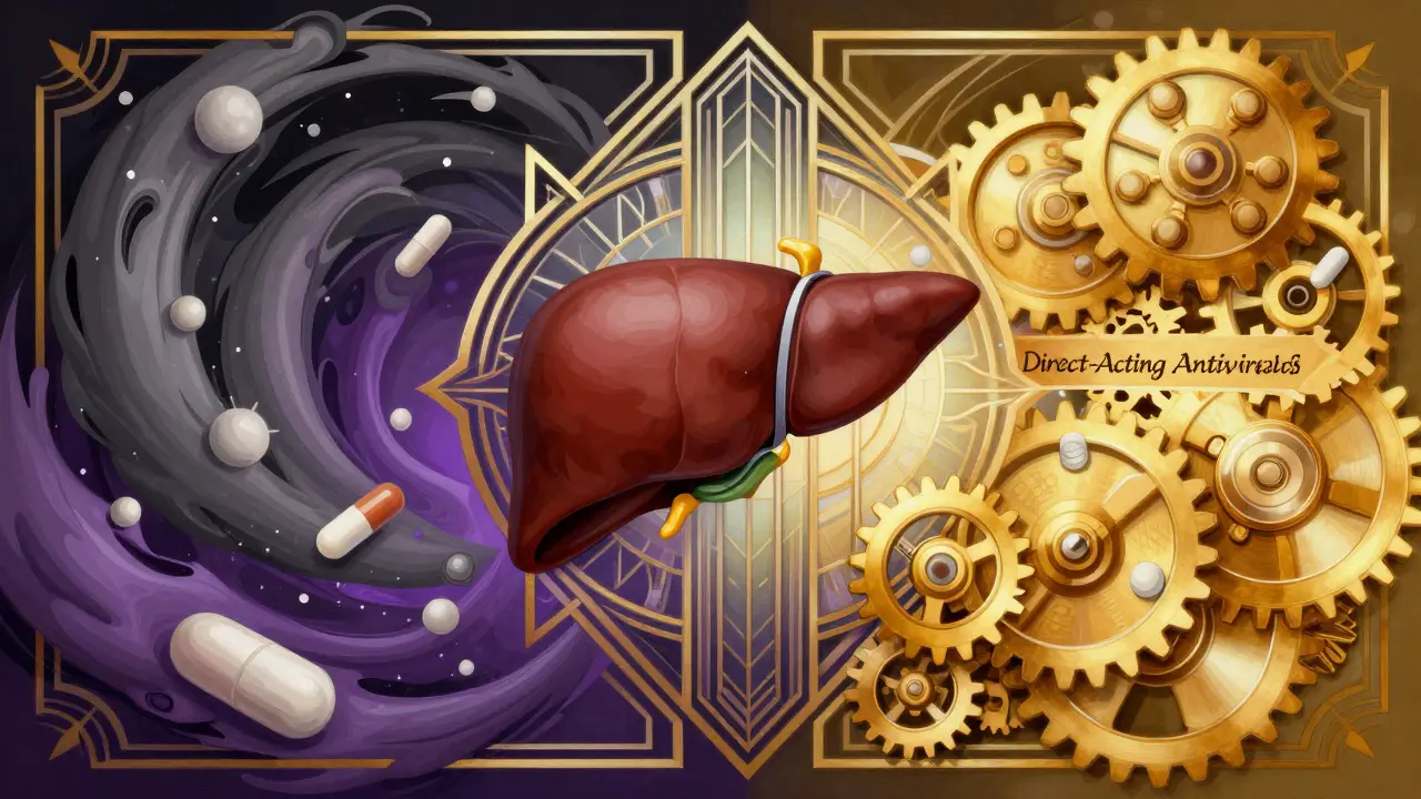 Art Deco digital painting contrasting old chaotic treatments with new orderly antiviral medications protecting a central liver image.
