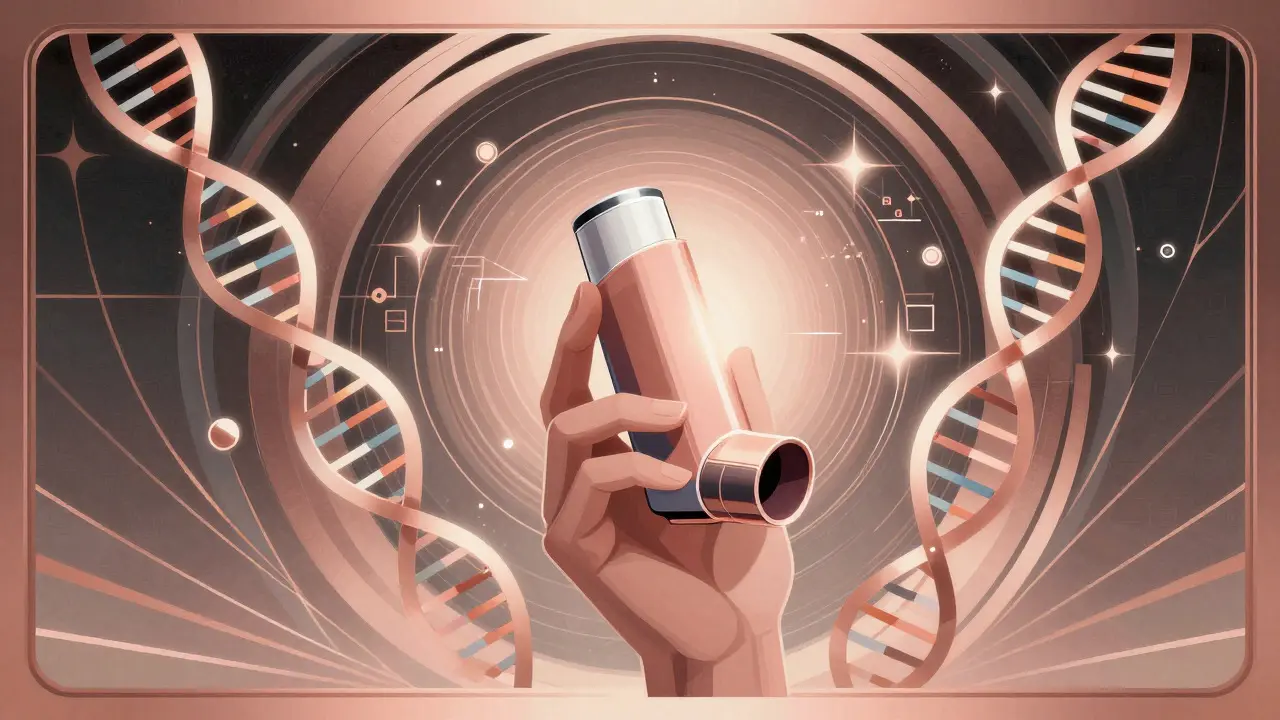 Art Deco illustration of a glowing inhaler surrounded by geometric data symbols, representing complex generics.