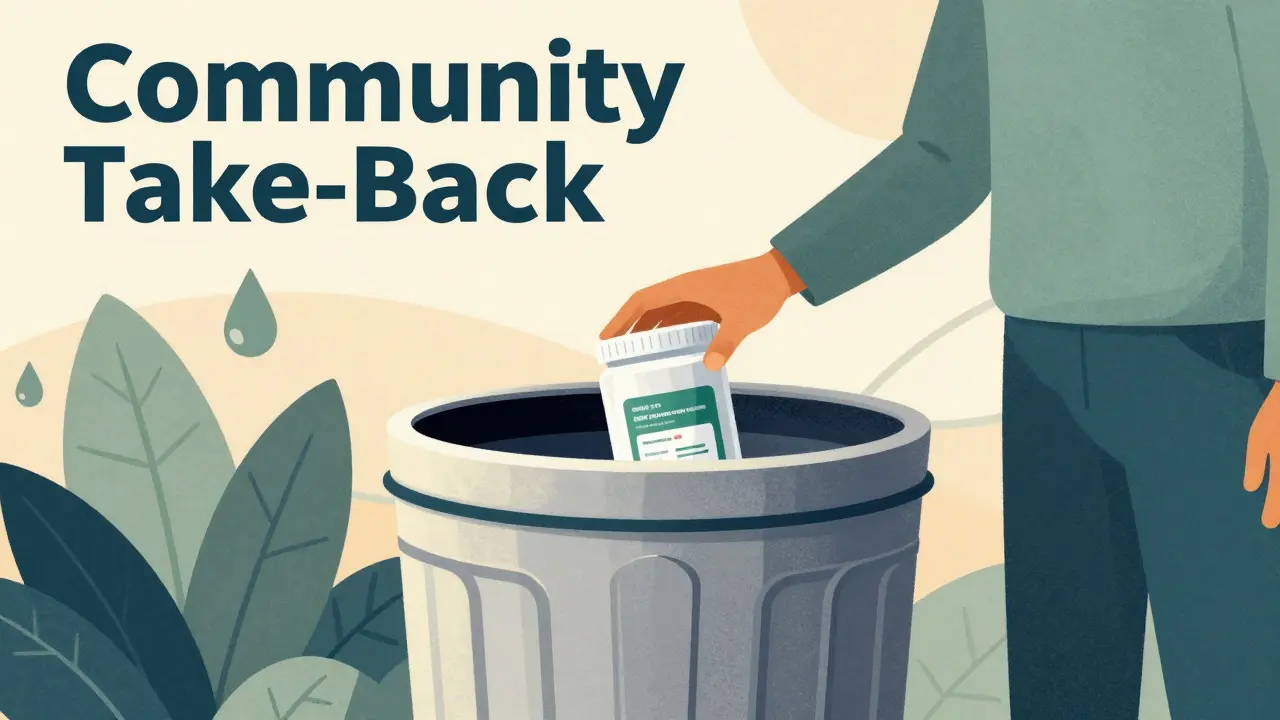 Art Deco illustration of safe medication disposal via take-back bin