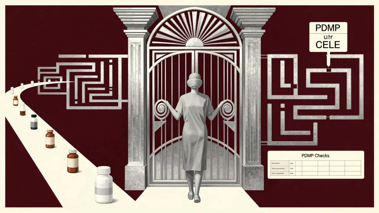 Art Deco illustration showing gates and paths representing new drug regulations