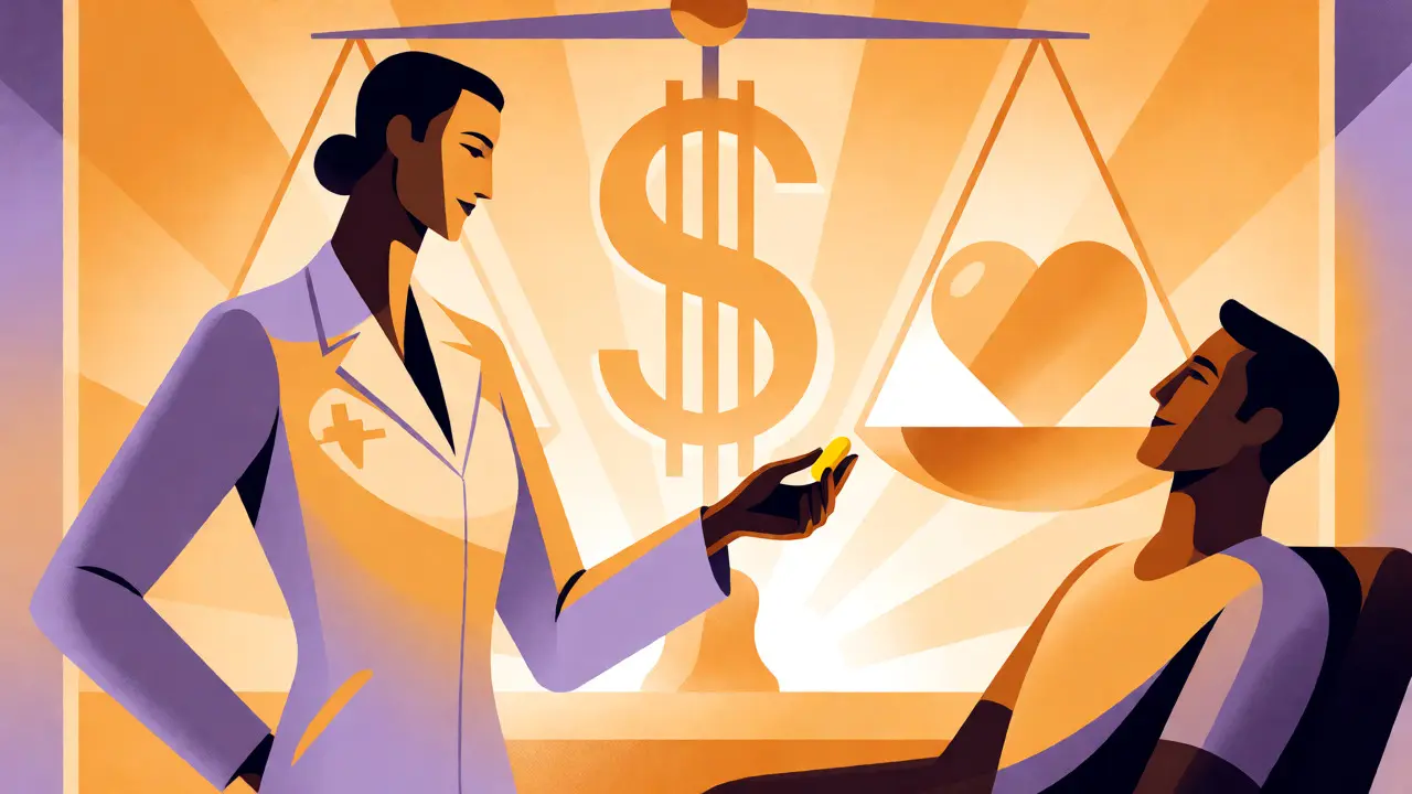 Art Deco poster of a pharmacist handing a yellow pill to a patient with balanced scale motifs.