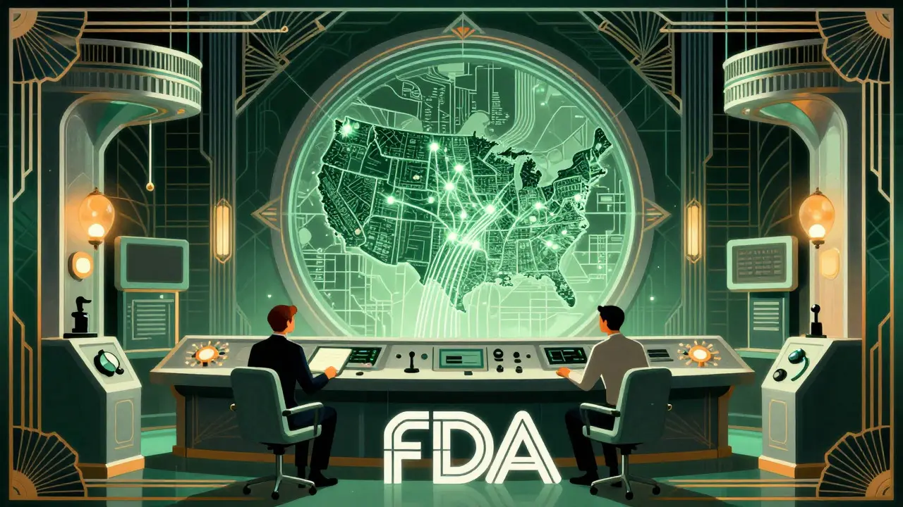 Art Deco style control room with analysts monitoring a glowing map of the US, symbolizing drug surveillance.