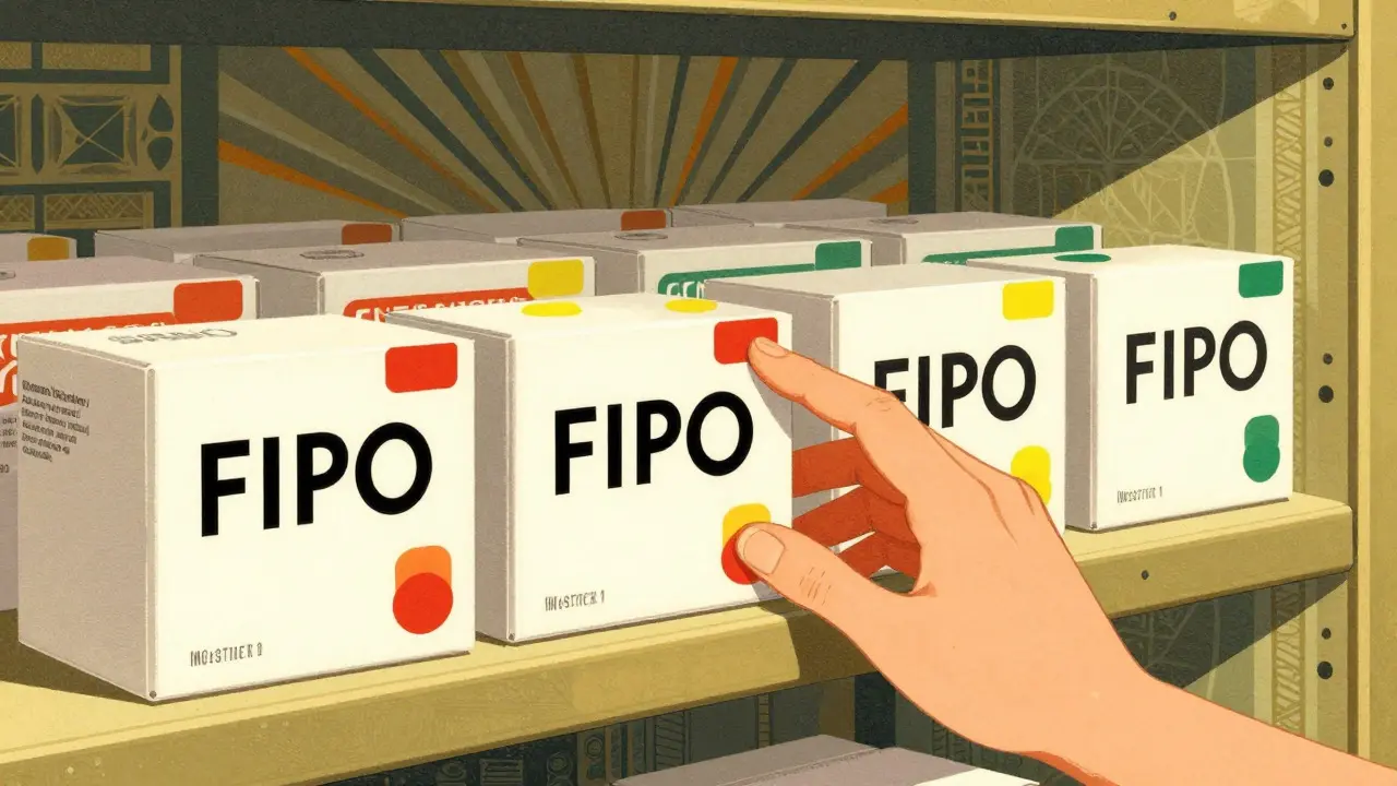 Art Deco style image showing FIFO medication rotation with color codes