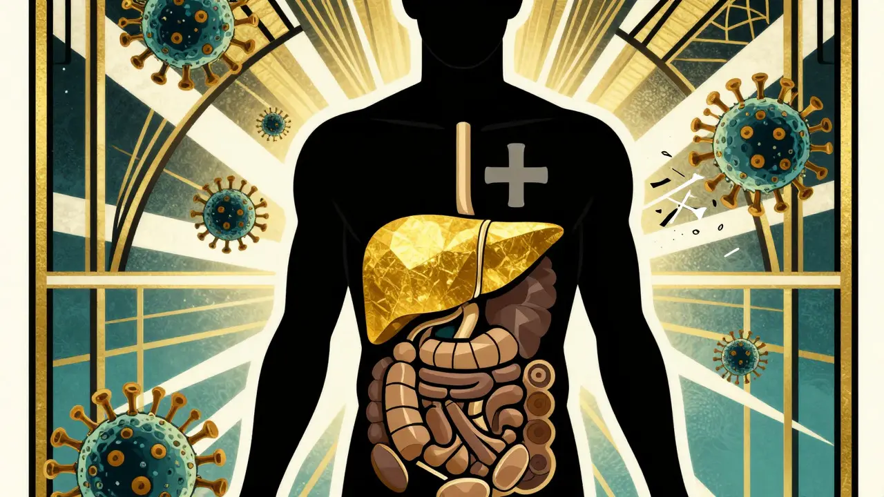 Cartoon illustration in Art Deco style showing a confident figure with a glowing, healed liver, surrounded by shattered virus motifs.