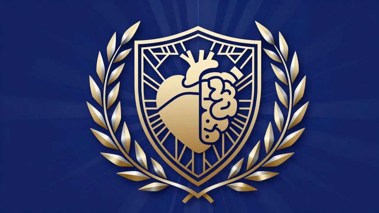 Geometric shield protecting heart and brain symbols in Art Deco design