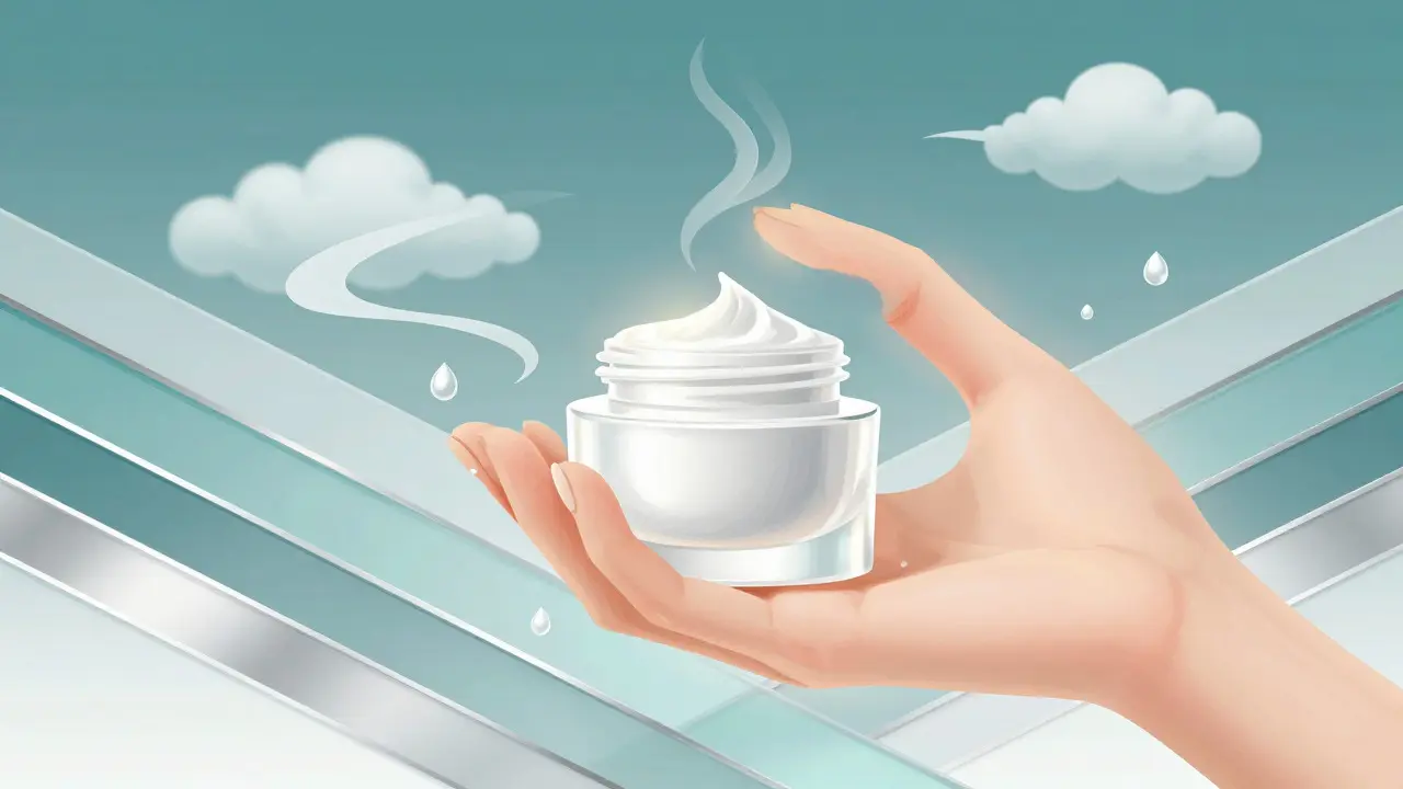 Hand applying cream with stylized water droplets and geometric background