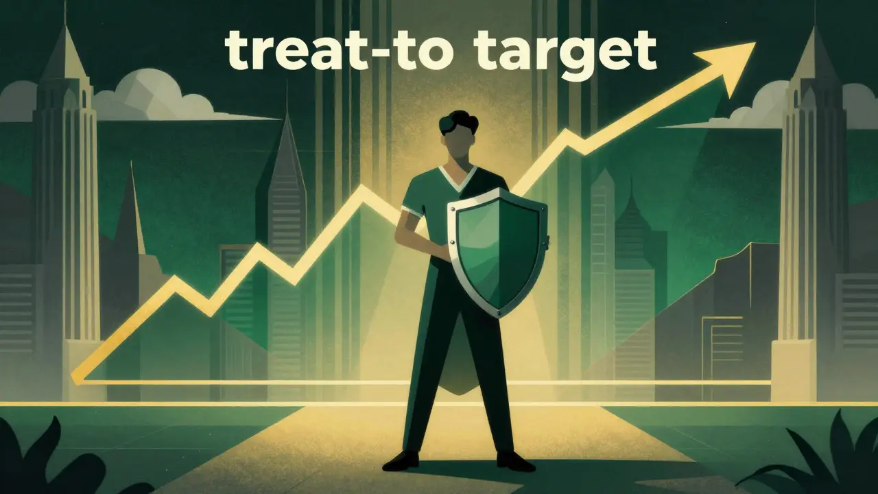 Patient holding a shield with a rising health graph in Art Deco style