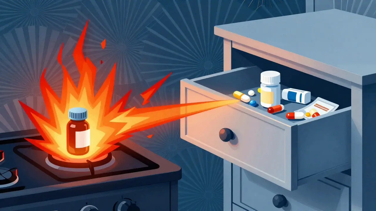 Retro art showing kitchen heat damaging meds vs safe drawer storage